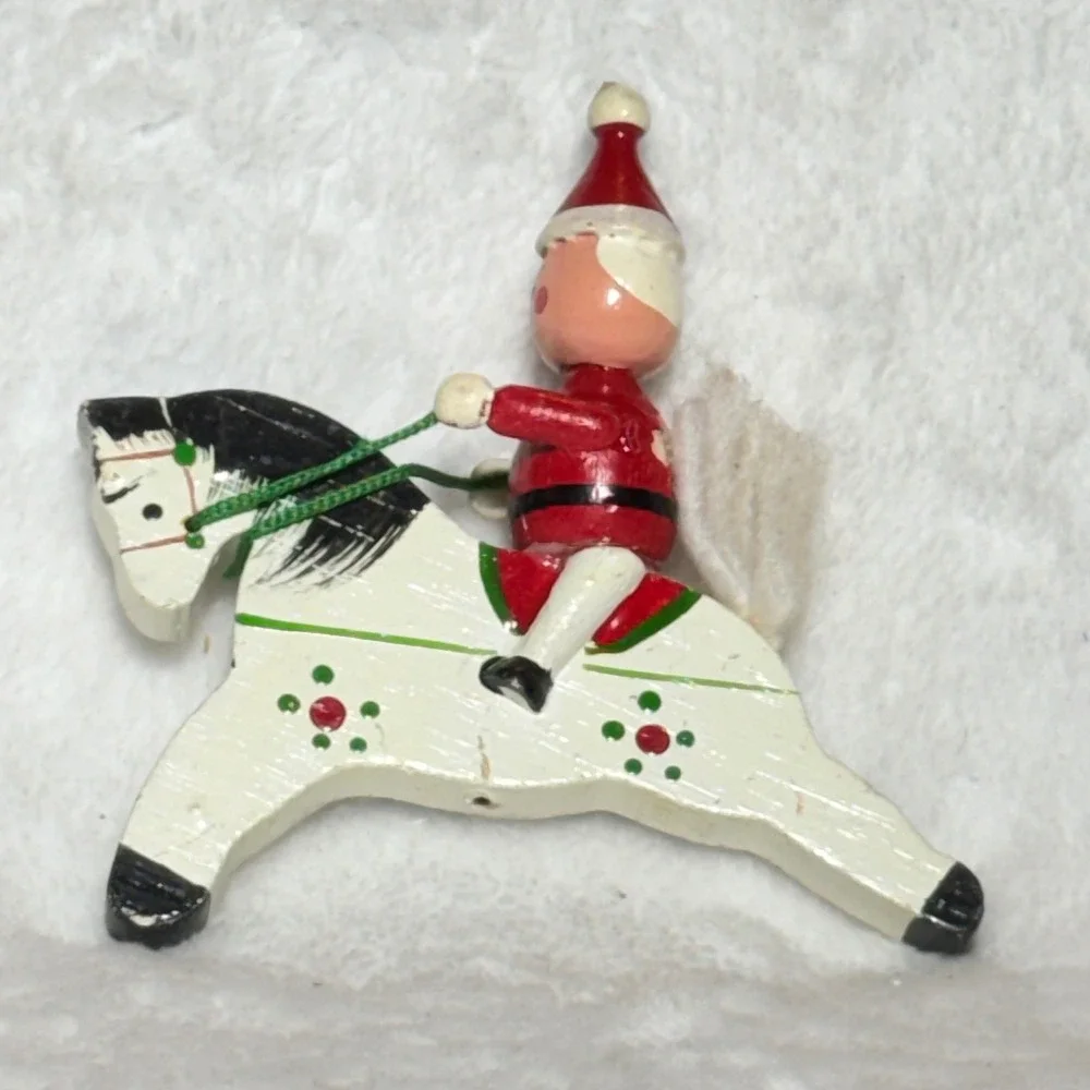 Vintage Santa on Rocking Horse Ornament Hand Painted Wood Christmas Decor White